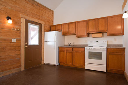 Home page, kitchen with modern appliences and wood structure, prepared to be furnished